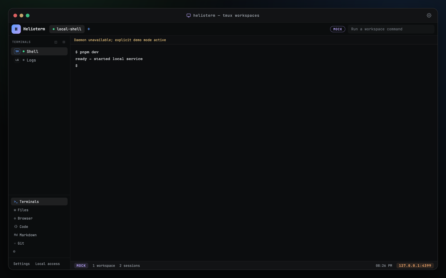 Helioterm dashboard in a browser: workspace tabs, terminal sidebar, file and git views in the rail, and the app's own MOCK badge showing demo mode