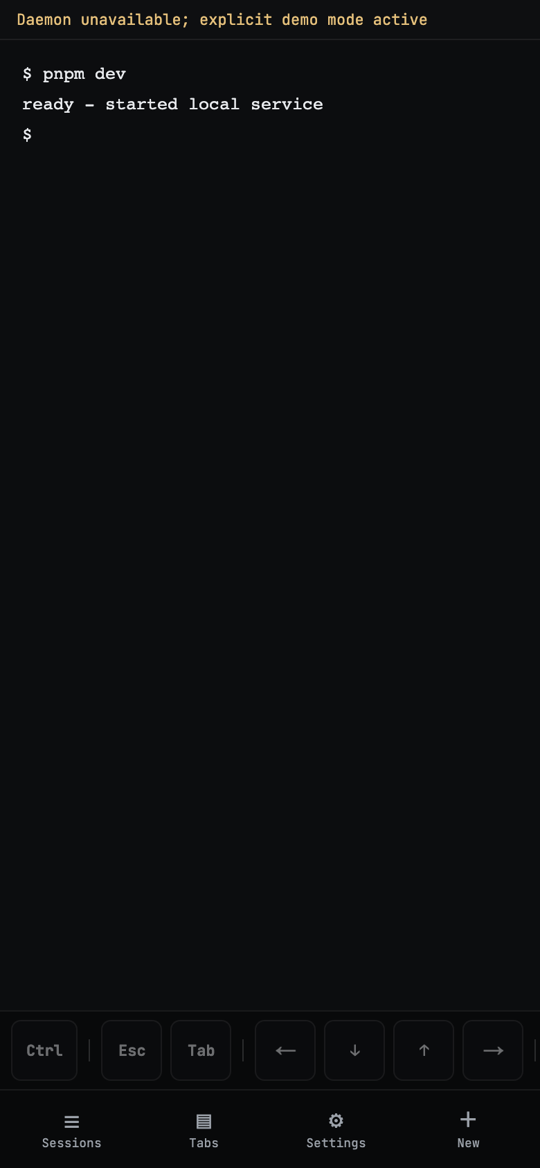 Helioterm on a phone: terminal output with a quick-key row for Ctrl, Esc, Tab, and arrow keys, shown in demo mode